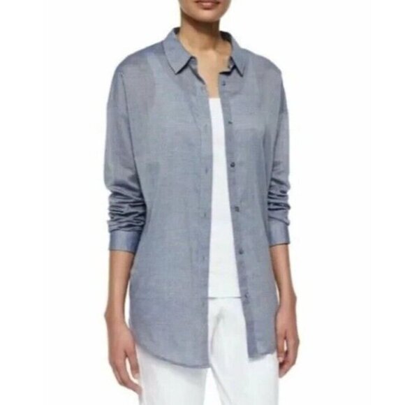 Eileen Fisher Top Womens Small Chambray Blue Button Up Tunic Lightweight Boho - Picture 1 of 8